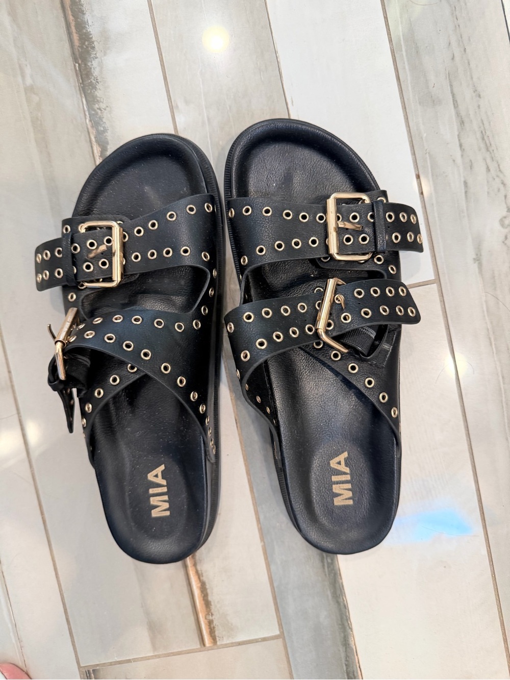 MIA Black Slide Sandals with Gold Eyelet Buckles 8.5